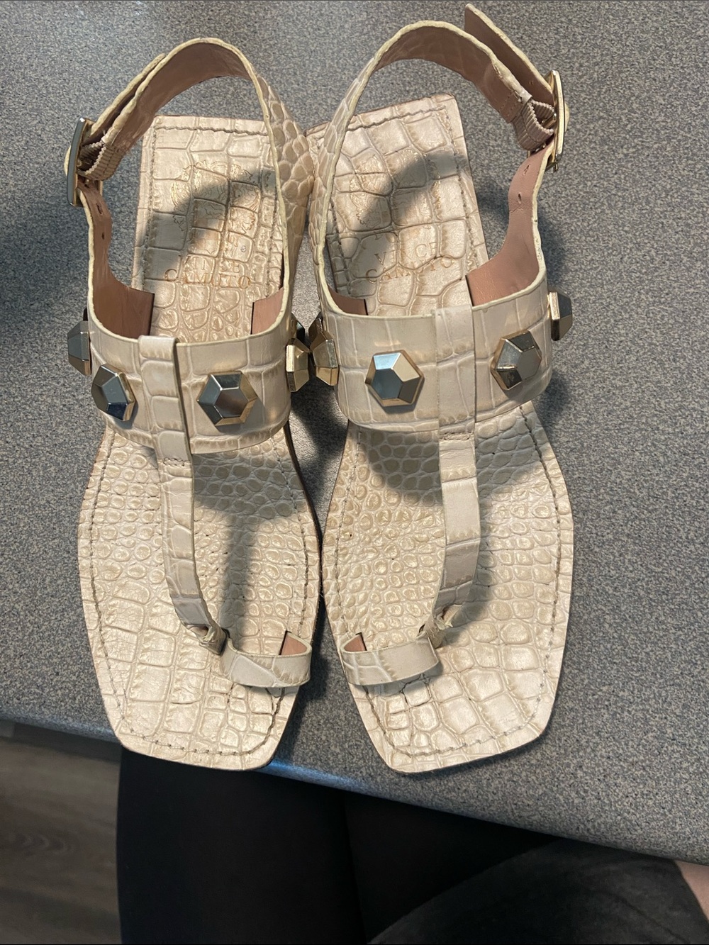 Vince Camuto Cream Croc-Embossed T-Strap Sandals with Geometric Studs